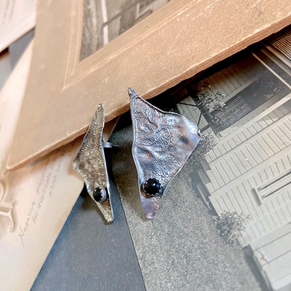 Artisan Made Sterling & Black Onyx Liquid Textured Triangle Pierced Earrings. - Picture 5 of 13